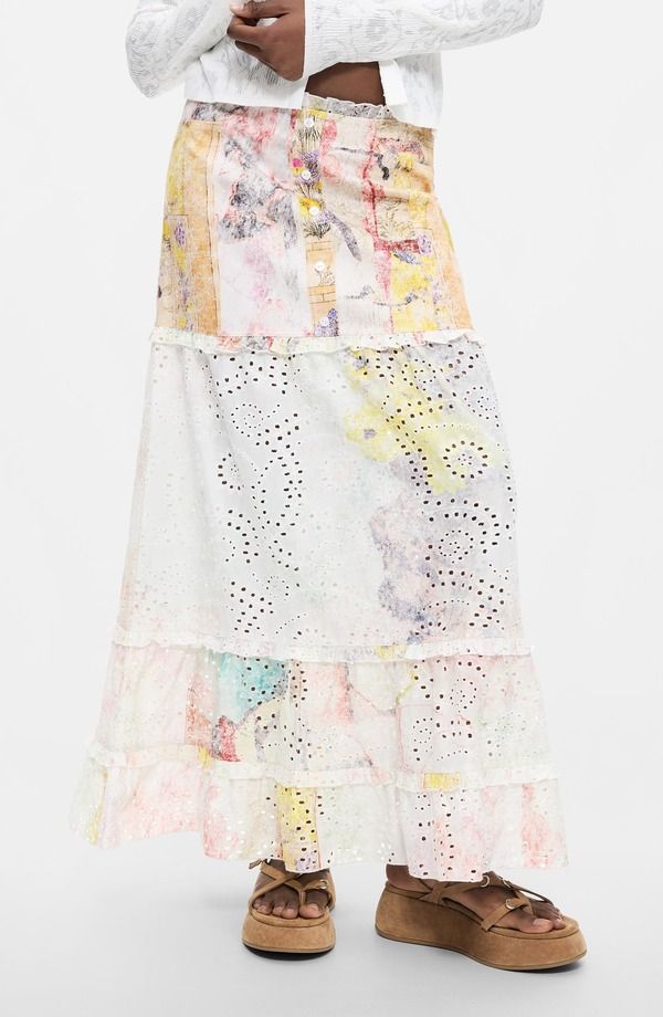 デジグアル レディース ボトムスカート ティアード フラワー柄 ミディ 刺繍 フラワー Desigual Floral Eyelet Embroide red Tie red Midi Skirt O