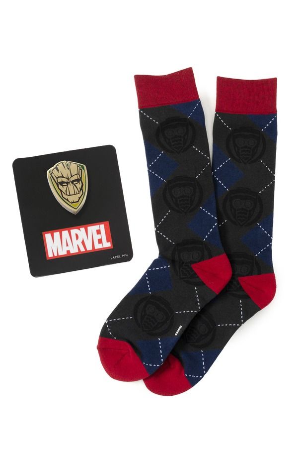 カフリンク メンズ アンダーウェア 靴下 Cufflinks Inc Groot StarLord Argyle Crew Socks Lapel Pin Gift Set BLUE MULTI ブル