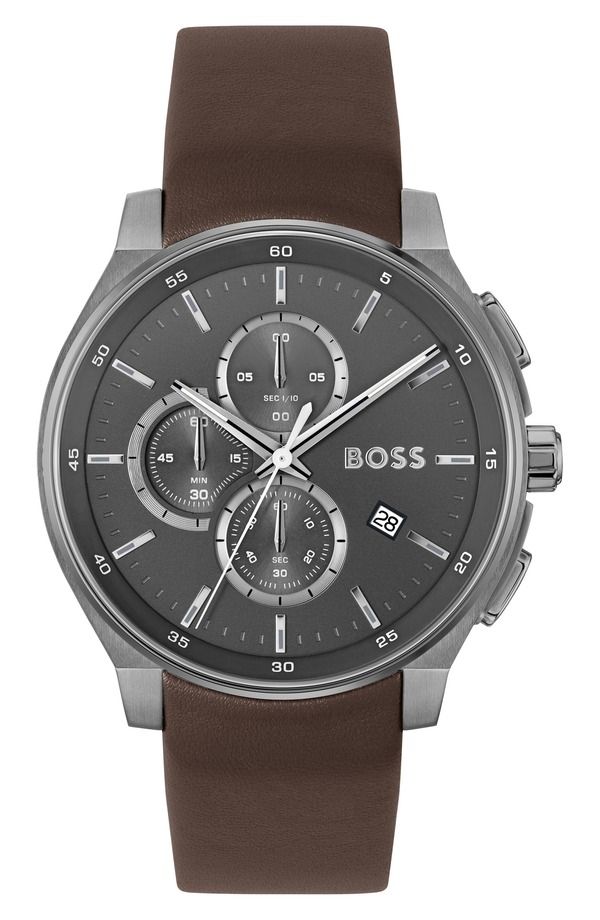 ボス メンズ アクセサリー 腕時計 レザー BOSS Peak 20 Chronograph Leather Strap Watch 45mm GRAY グレー 65,890円