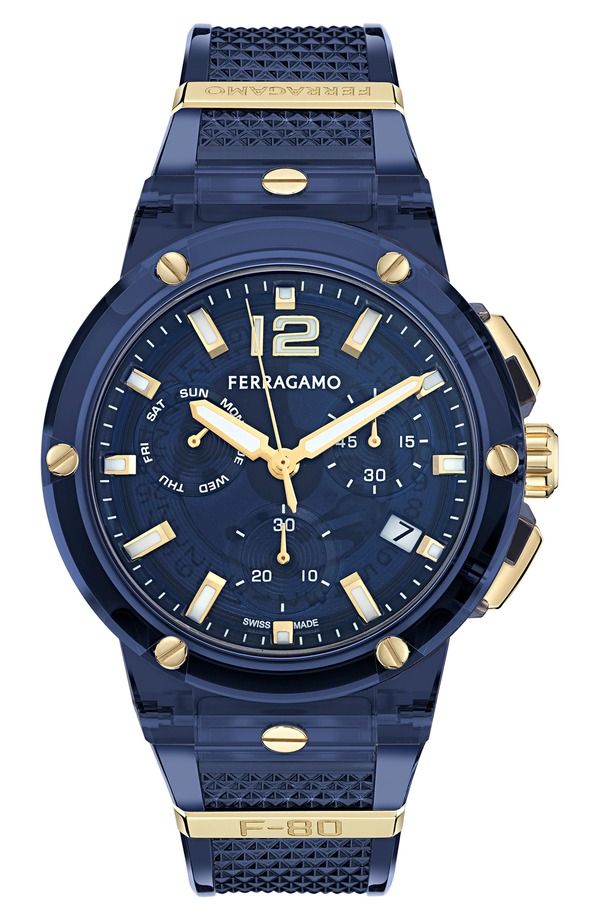 フェラガモ メンズ アクセサリー 腕時計 FERRAGAMO F80 Translucent Chronograph Recycled Polyurthane Strap Watch 44mm BLU 177,900円