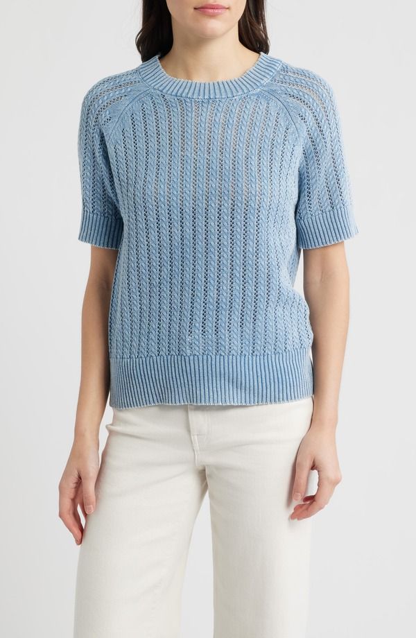シティブルース レディース アウター パーカー・スウェット セーター ニット CITY BLUES Washed Openworknit Rib Short Sleeve Sweater OCEAN