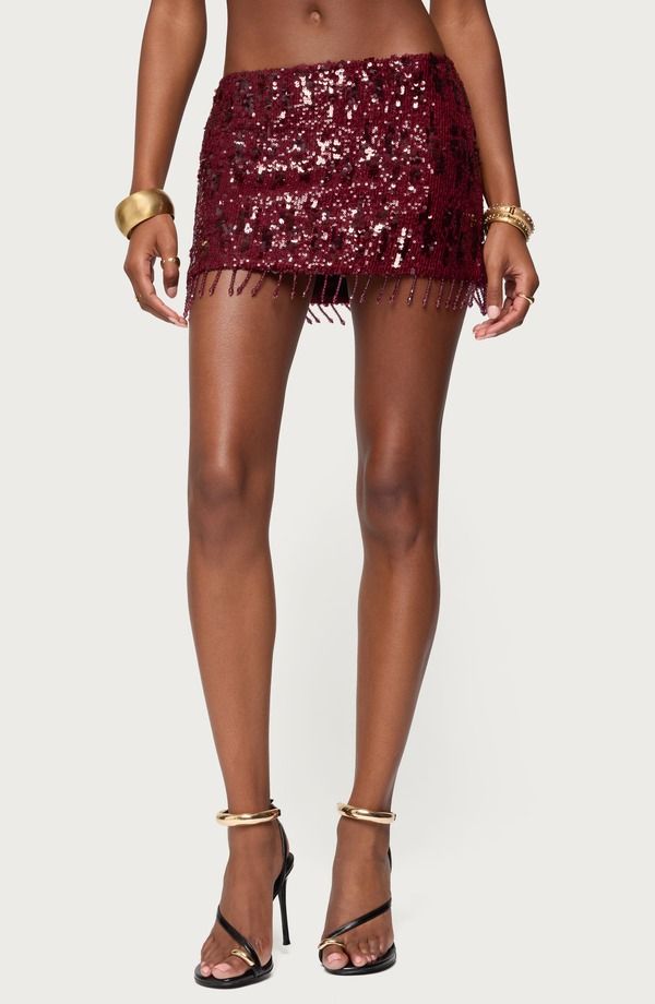 アディクテッド レディース ボトムスカート ミニ スパンコール フリンジ EDIKTEDalis Fringe Sequin Miniskirt BURGUNDY バーガンディ