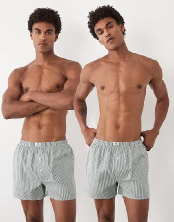 エイソス メンズ アンダーウェア ボクサーパンツ ASOS DESIGN 2 pack woven boxers in dark green stripes GREEN グリーン