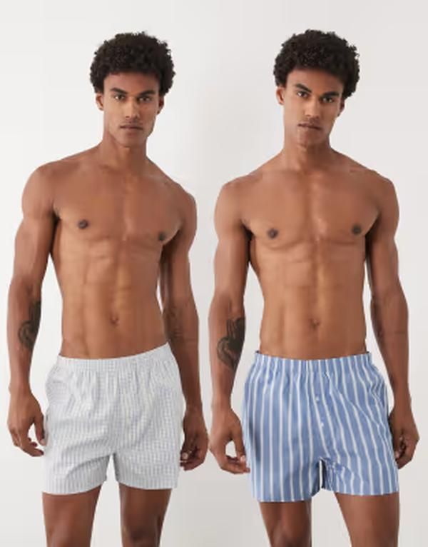 エイソス メンズ アンダーウェア ボクサーパンツ ASOS DESIGN 2 pack woven boxerstripe and blue plaid BLUE ブルー