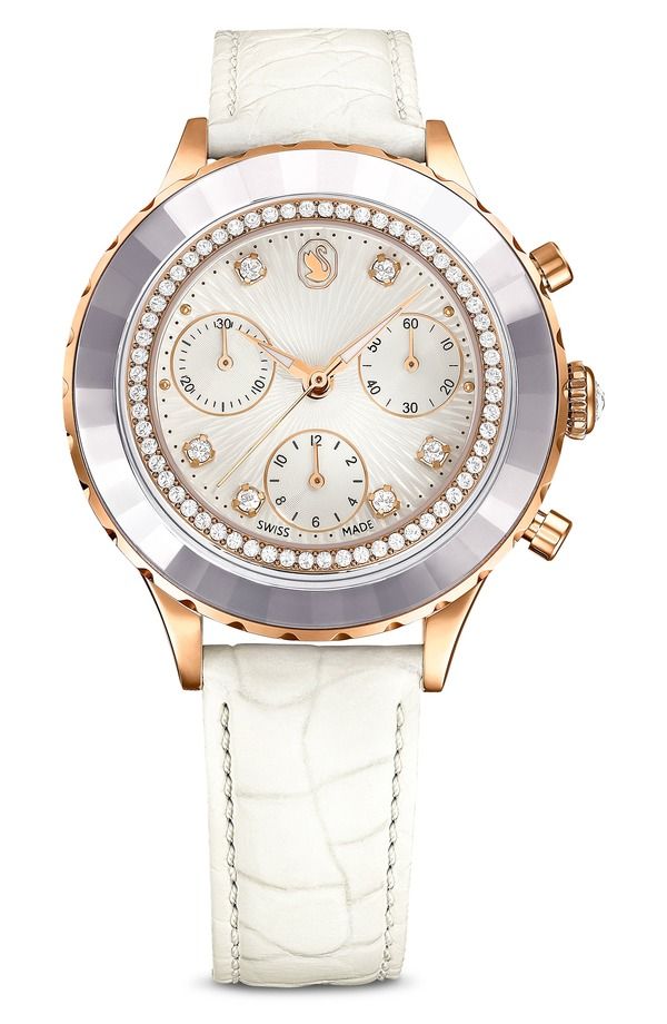 スワロフスキー メンズ アクセサリー 腕時計 レザー Swarovski Octea Chronograph Leather Strap Watch 37mm WHITE ホワイト