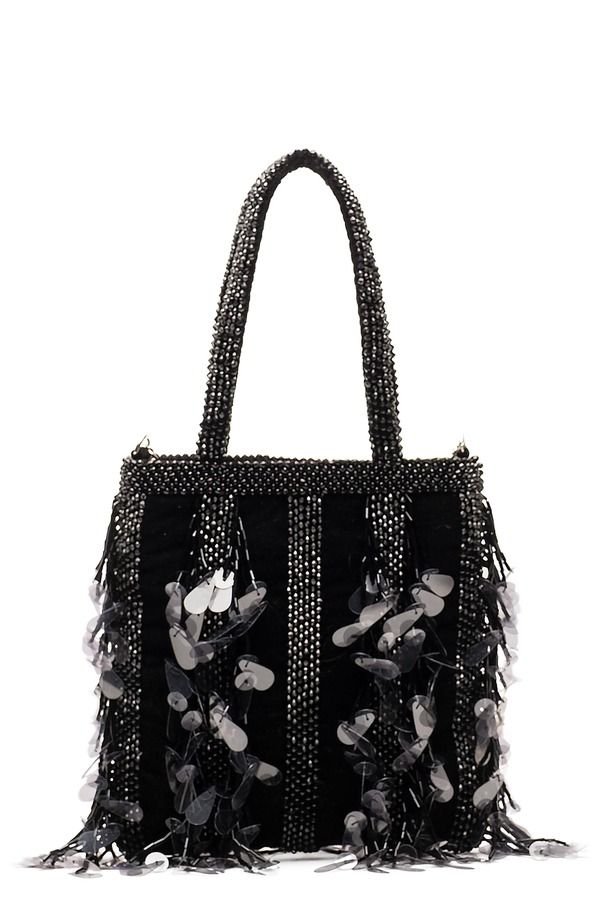 フランセスバレンタイン レディース バッグ ミニ ベルベット スパンコール Frances Valentine Gatsby Mini Beaded Sequin Velvetote Bag BLAC