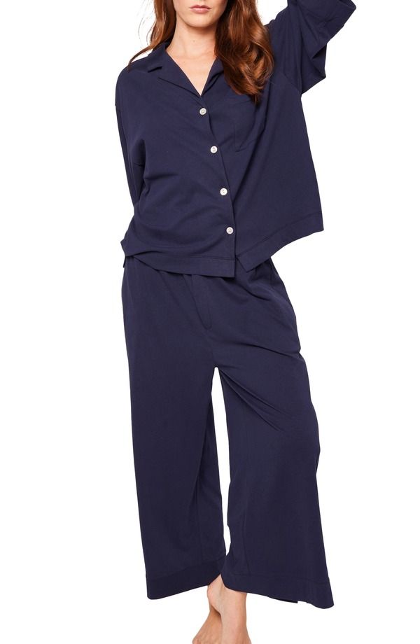 プティットプリュム レディース アンダーウェア ナイトウェア ワイドレッグ コットン Petite Plume Olivia Wide Leg Pima Cotton Pajamas NAVY ネイビ