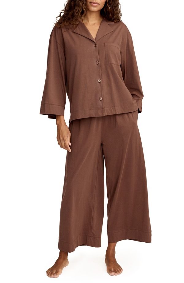 プティットプリュム レディース アンダーウェア ナイトウェア ワイドレッグ コットン Petite Plume Olivia Wide Leg Pima Cotton Pajamas BROWN ブラ