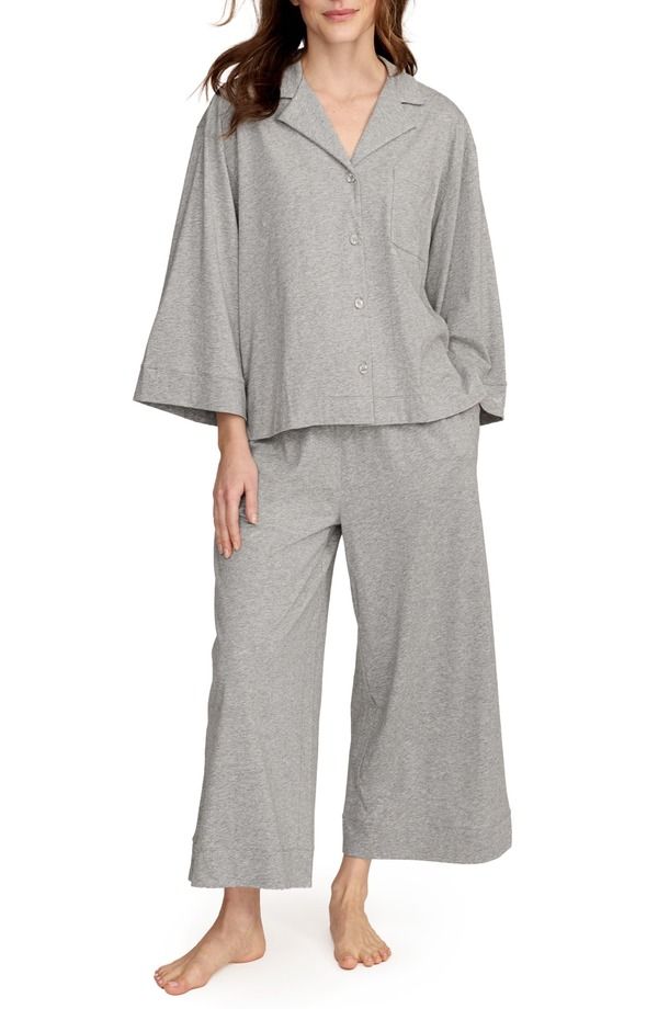 プティットプリュム レディース アンダーウェア ナイトウェア ワイドレッグ コットン Petite Plume Olivia Wide Leg Pima Cotton Pajamas GREY グレー