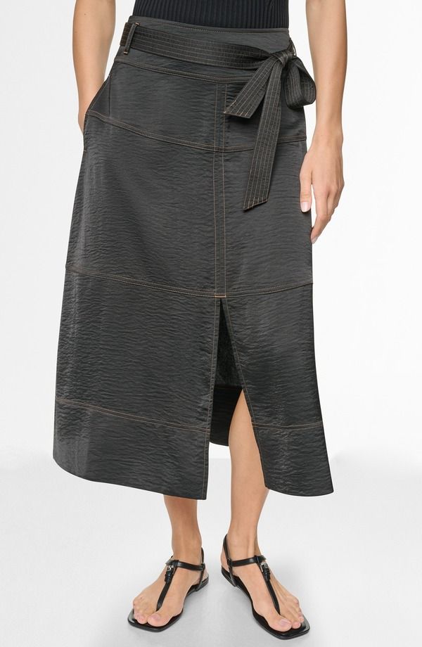 ダナ キャラン ニューヨーク レディース ボトムスカート ミディ コントラスト DKNY Tie Waist Contrastitch Midi Skirt BLACK ブラック