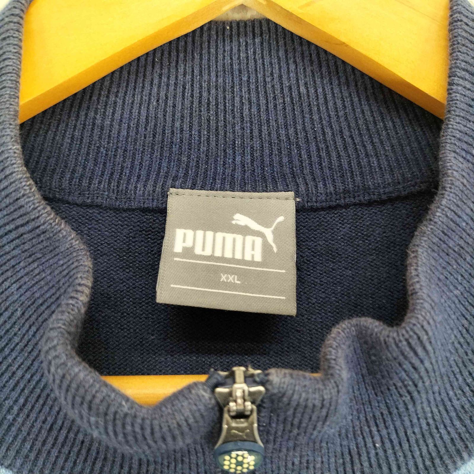 プーマPUMAアメリカ古着❗️XLニットセーターハーフジップ紺色ネイビー刺繍ロゴ プーマ PUMA ロゴ刺繍 ボーダー ハーフジップ ニット メンズ XXL
