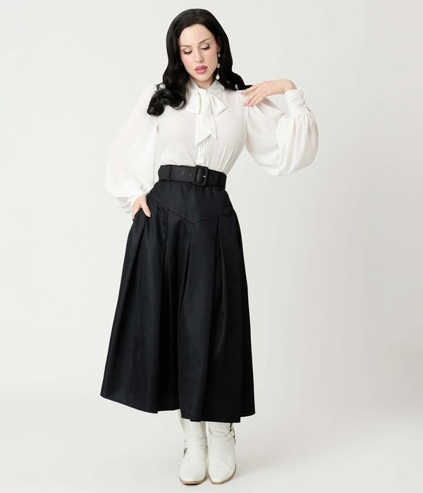 ユニークビンテージ レディース ボトムスカート プリーツ ミディ Unique Vintage Pleated Midi Skirt Solid Black ブラック
