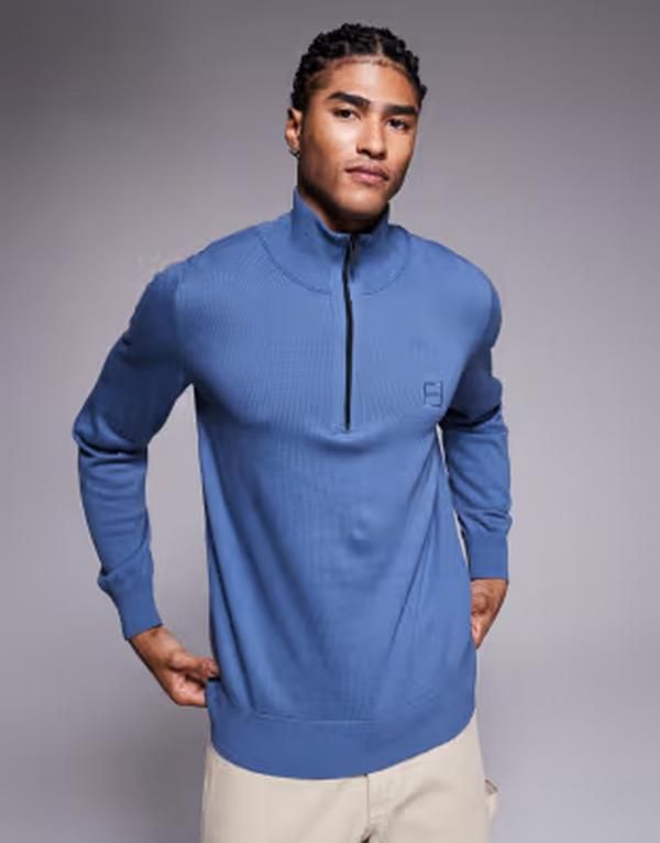 ボス オレンジ メンズ アウター ニット・セーター ハーフジップ BOSS Orange kanobix fine knit half zip sweater in mid Open blue ブルー