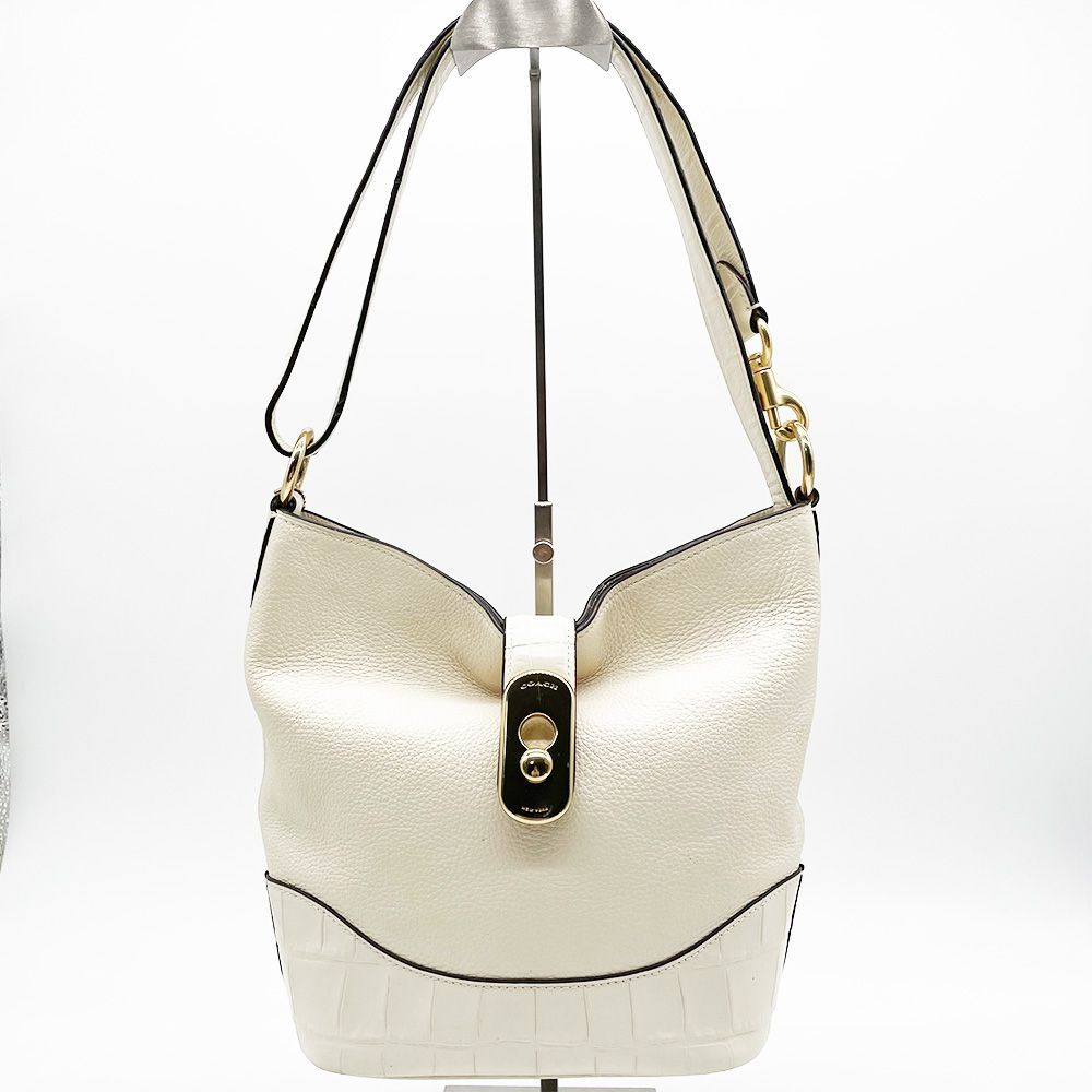 COACH ハンドバッグ クロコ型押し レザー ベージュ COACH コーチ ショルダーバッグ レザー シボ革 ホワイト クロコ型押し