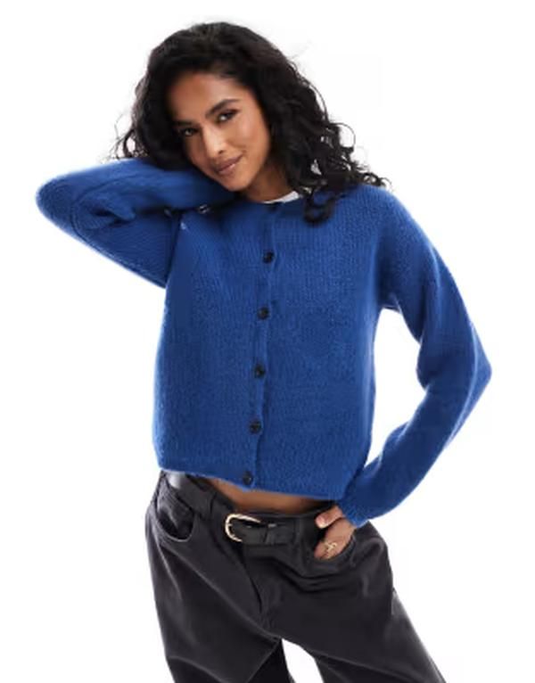 エイソス レディース アウター カーディガン クルーネック ニット ASOS DESIGN fluffy knit crew neck cardigan in cobalt Navy ネイビー
