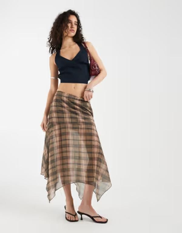 モーテル レディース ボトムスカート シフォン Motel Sedra chiffon midaxi skirt in blurry pink brown plaid BROWN ブラウン