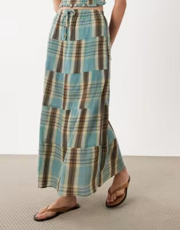コットンオン レディース ボトムスカート リネン マキシ Cotton linen haven maxi skirt in sunny plaid part of a set FREDDIE PLAI