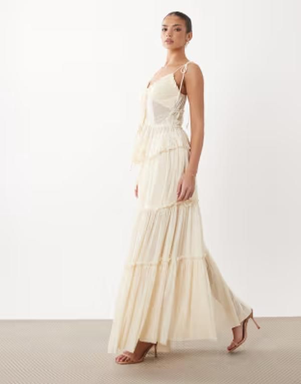 レア レディース ボトムスカート ティアード メッシュ マキシ Rare London mesh tie red frill edge maxi skirt in cream part of a se