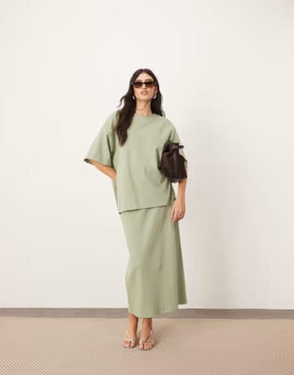 アレンジ レディース ボトムスカート ジャージー マキシ ARRANGE premium heavy weightextu red jersey column maxi skirt in pistac