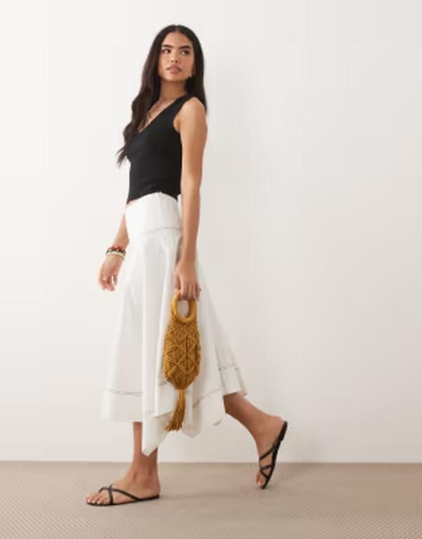 エイソス レディース ボトムスカート ミディ コントラスト ASOS DESIGN dropped waist contrastitch volume midi skirt white ホワイト