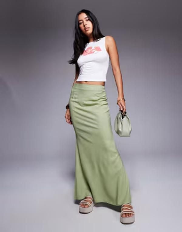 プリンセスポリー レディース ボトムスカート リネン マキシ Princess Polly Sophia linen blend column maxi skirt in sage GREEN グリー