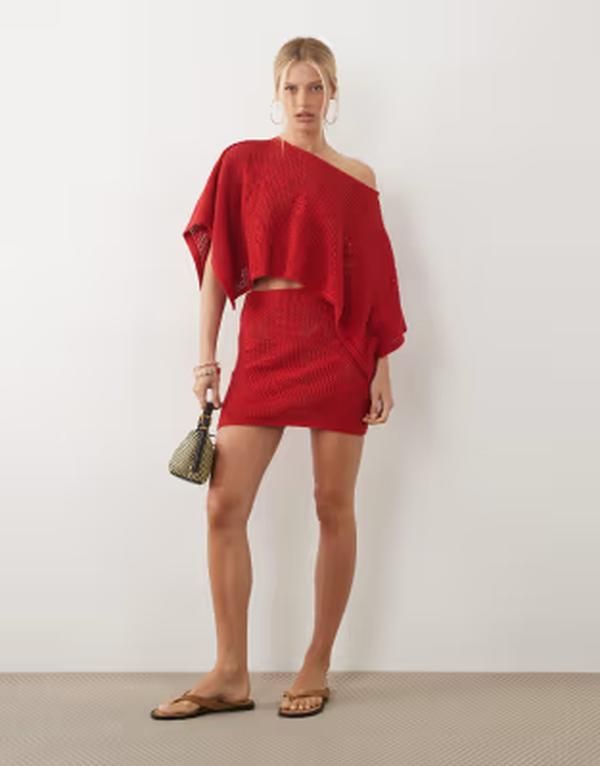 エイソス レディース ボトムスカート フラワー柄 ミニ レース ニット フラワー ASOS DESIGN knit floralace mini skirt part of a set red レッド