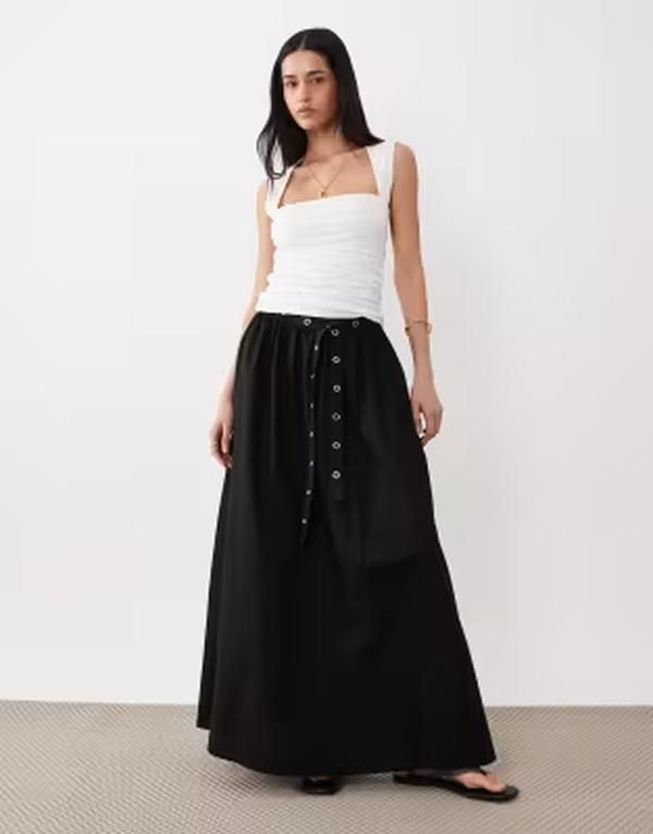ボス オレンジ レディース ボトムスカート コットン マキシ BOSS Orange vidol cotton poplin maxi skirt Black ブラック
