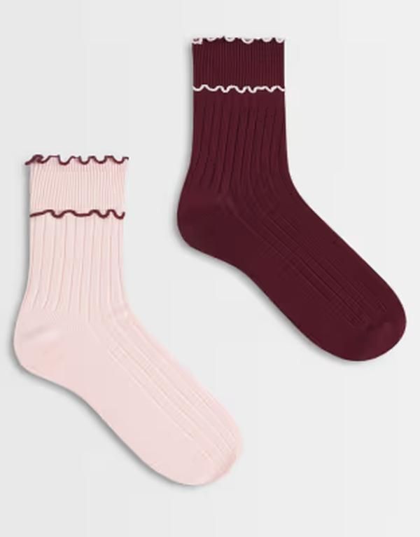 コットンオン レディース アンダーウェア 靴下 リブ アンクル Cotton 2pk The perfect pair frill ribbed ankle socks in peony rose d