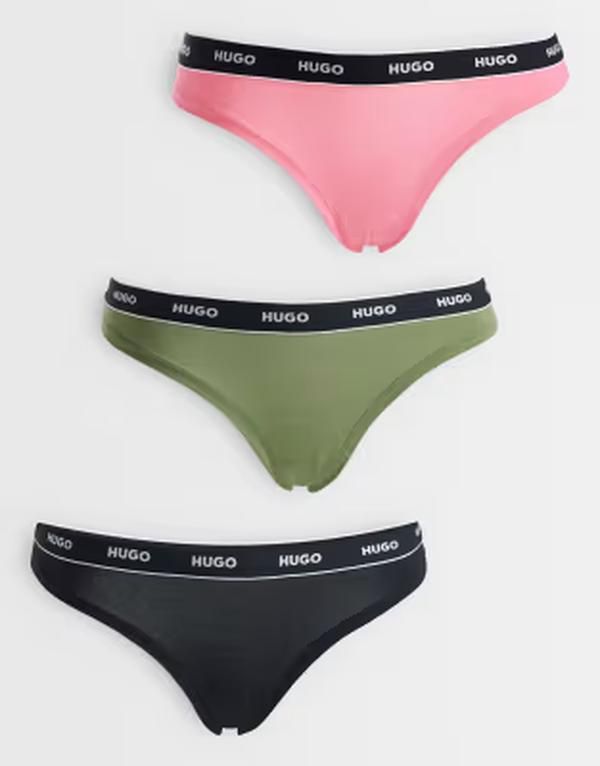 ヒューゴレッド レディース アンダーウェア ブリーフパンツ ロゴ Hugo Red HUGO Bodywear 3 pack thongs in multi with logo waistbands