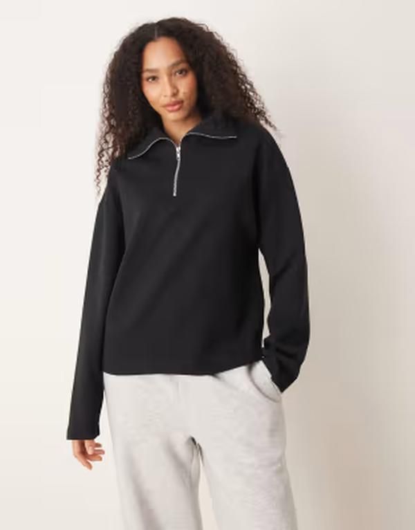 エイソス レディース アウター パーカー・スウェット ハーフジップ シャツ ASOS DESIGN interlock half zip sweatshirt Black ブラック