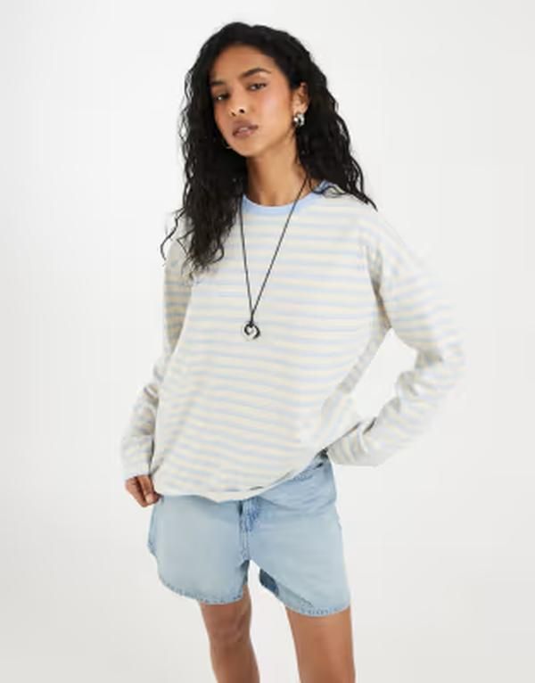 ノイジーメイ レディース アウター パーカー・スウェット シャツ Noisy May long sleeve sweatshirt in cream and blue stripes Birch クリ