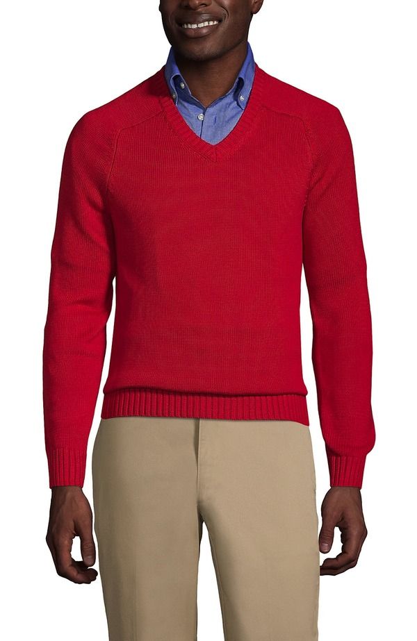 ランズエンド メンズ アウター ニット・セーター Vネック コットン Lands End School Uniform Young Cotton Modal Vneck Sweate red レッド