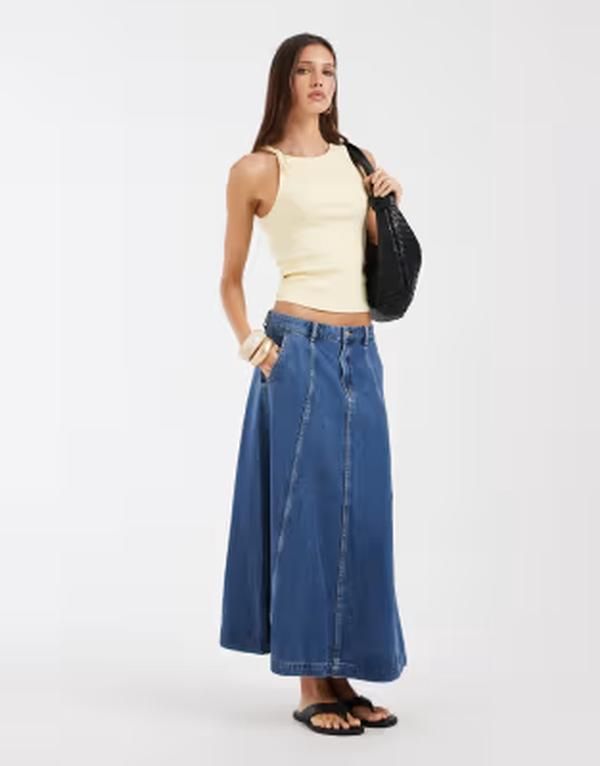 ヴェロモーダ レディース ボトムスカート A ライン デニム マキシ Vero Moda seam detail aline denimaxi skirt in medium blue denim デ