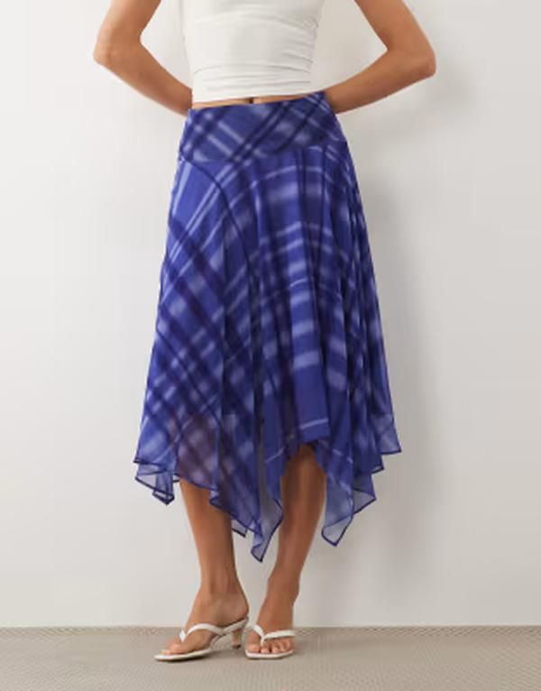 マンゴ レディース ボトムスカート プリント ミディ Mango Dolpin hanky hemidi skirt plaid print part of a set BLUE ブルー