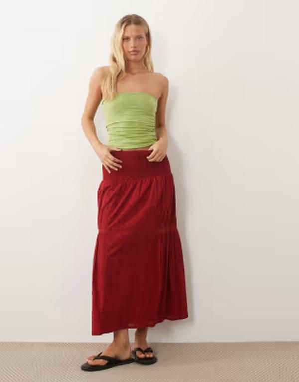 ウェンズデーガール レディース ボトムスカート ティアード Wednesdays Girl tie red midaxi skirt part of a set PINK ピンク