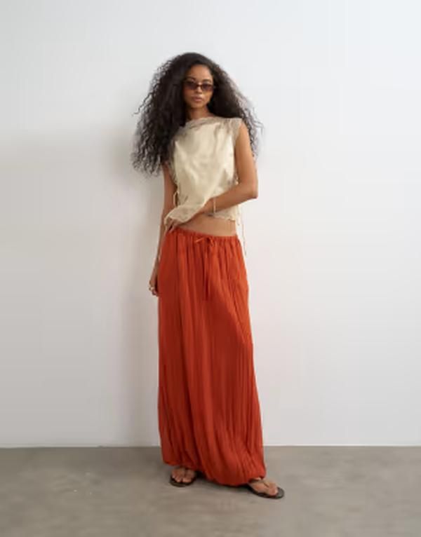 トップショップ レディース ボトムスカート タイディテール マキシ Topshop tie detail crinkle bubble hemaxi skirt in rust ラスト