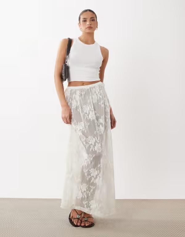 エイソス レディース ボトムスカート シアー レース マキシ ASOS DESIGN sheer crochet beach lace tieside maxi skirt White ホワイト