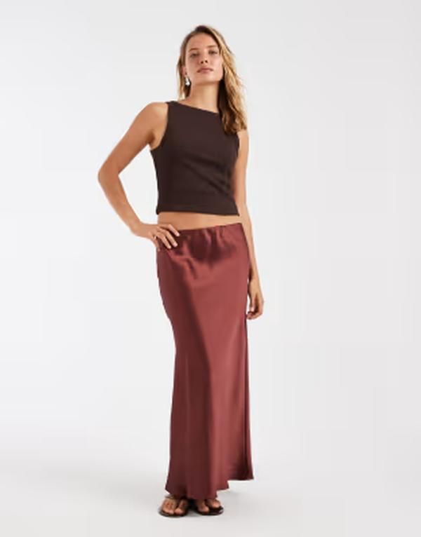 エイソス レディース ボトムスカート サテン マキシ ASOS DESIGN satin bias maxi skirt in chocolate チョコレート