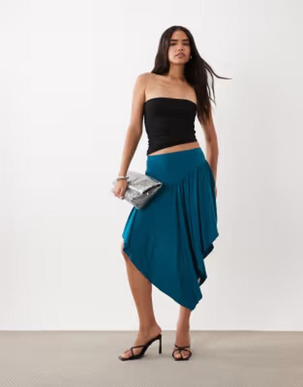エイソス レディース ボトムスカート ミディ ASOS DESIGN slinky Vfront gathe red hilow midi skirt in teal ティール