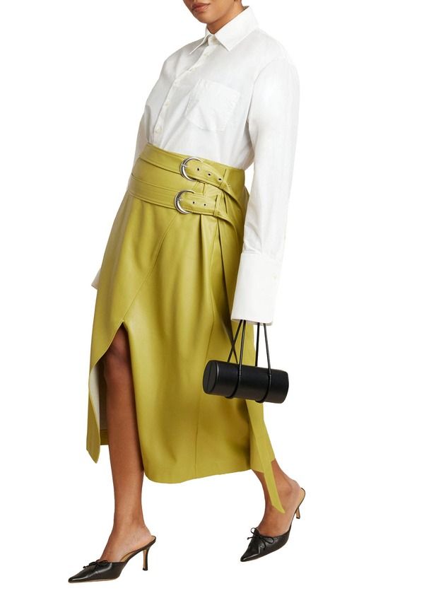 エロクイ レディース ボトムスカート プラスサイズ レザー フェイクレザー ELOQUII Double Belt Wrap Faux Leather Skirt Plus Regular MOSS