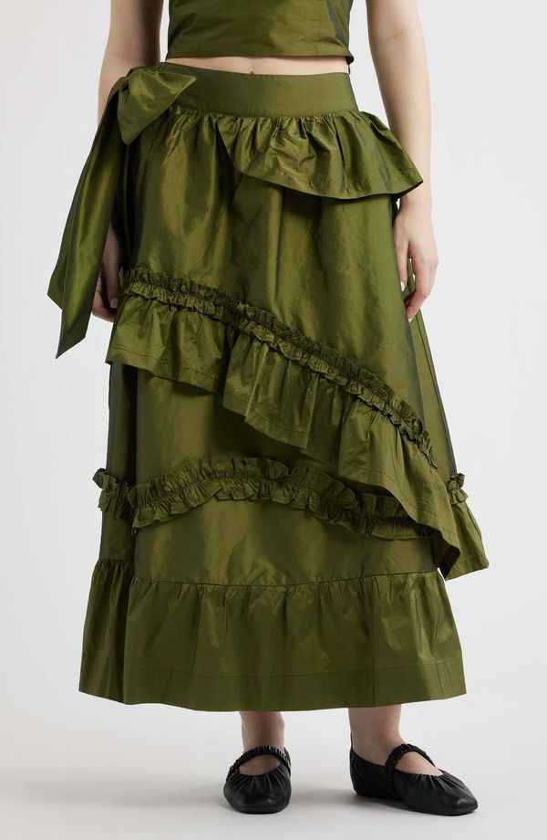 ダムソンマダー レディース ボトムスカート フリル Damson Madder Constance Ruffle Detail Skirt OLIVE オリーブ