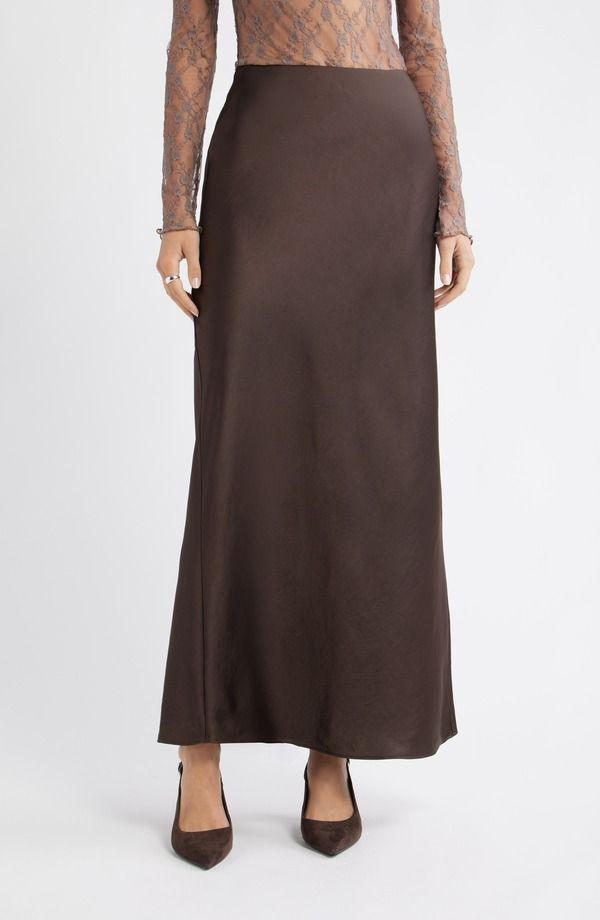 オープンエディット レディース ボトムスカート サテン マキシ Open Edit Satin Maxi Skirt BROWN SEAL ブラウン