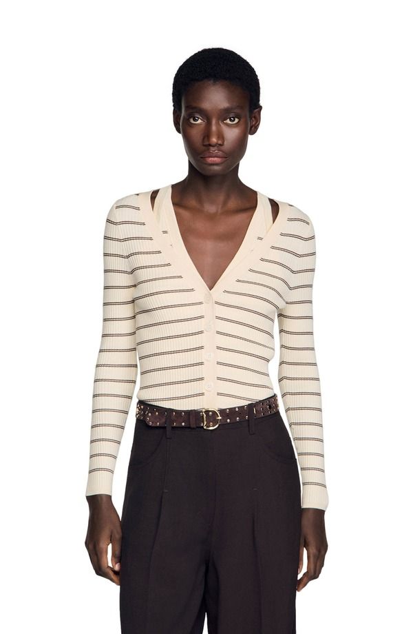 サンドロ レディース アウター パーカー・スウェット リブ カーディガン SANDRO Striped ribbed cardigan Ecru brown エクリュ