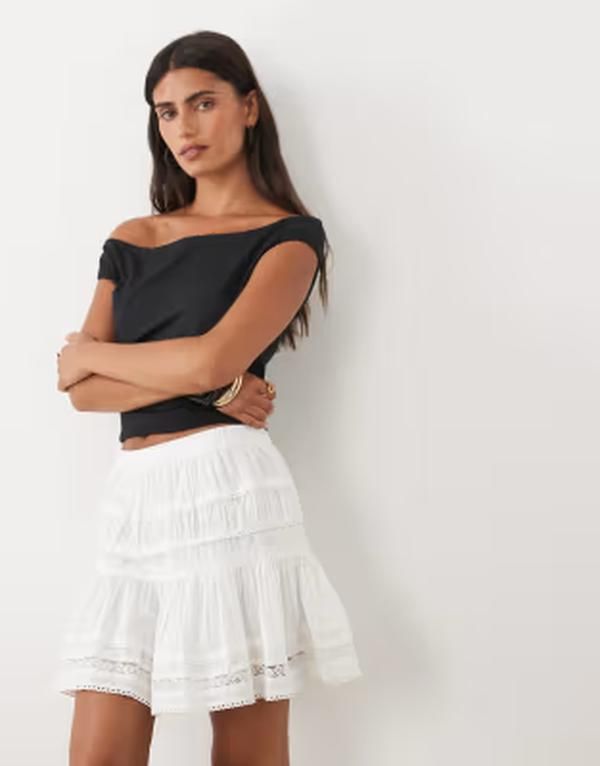 エイソス レディース ボトムスカート ミニ レース ASOS DESIGN lace insert mini skirt White ホワイト
