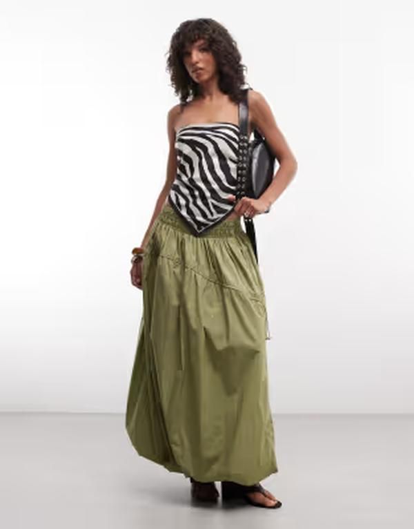 エイソス レディース ボトムスカート ミディ ASOS DESIGN adjustable drawstring pocket detail volume midi skirt in sage セージ