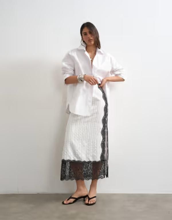 トップショップ レディース ボトムスカート レース マキシ Topshop lace panel column maxi skirt stripes White Stripe ホワイト