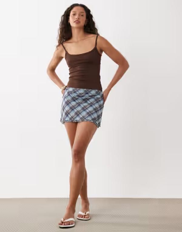 コットンオン レディース ボトムスカート ローライズ ミニ メッシュ Cotton low rise mesh mini skirt plaid Blue check ブルー