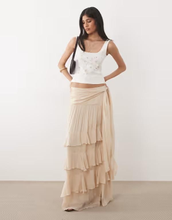 マンゴ レディース ボトムスカート ティアード マキシ Mango tie waistie red maxi skirt BEIGE ベージュ
