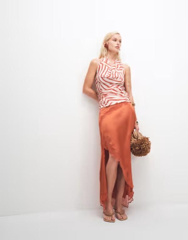 トップショップ レディース ボトムスカート ミディ サテン レース Topshop satin and lace hanky hemidi skirt in rust ラスト