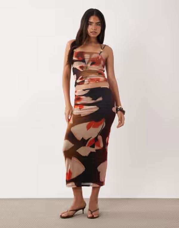 エイソス レディース ボトムスカート フラワー柄 メッシュ ミディ フラワー ASOS DESIGN mesh midi skirt with ruching bloom floral part of